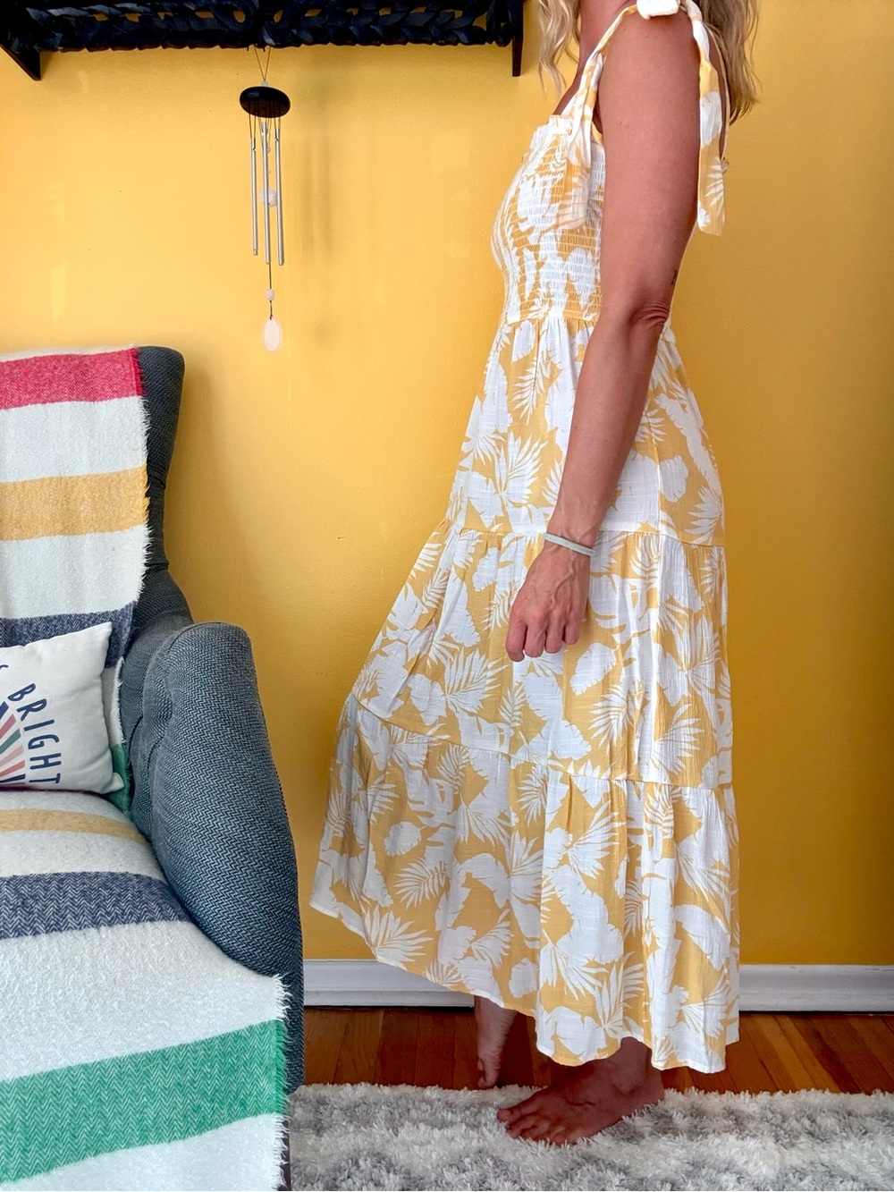 Tropical Print Mustard Yellow and White Maxi Sundress